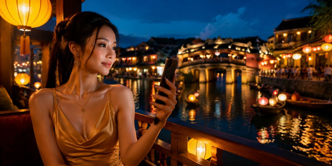 Chợ đêm Hội An với điện thoại minh họa thao tác đọc odds trên mobile